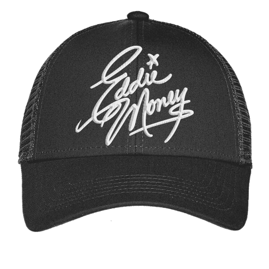 Eddie Money "White Signature" Black Trucker Hat